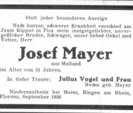 Julius und Recha Vogel zum Tod von Schwager Josef Mayer, 1936, Niedersaulheim Israelitisches Familienblatte Todesanzeige Josef Mayer