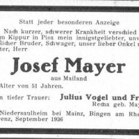 Julius und Recha Vogel zum Tod von Schwager Josef Mayer, 1936, Niedersaulheim Israelitisches Familienblatte Todesanzeige Josef Mayer