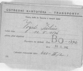 Transportkarte Julius Vogel nach Theresienstadt, 19. September 1942 Transportkarte Julius Vogel nach Theresienstadt, 19. September 1942