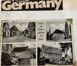 Postkarte von Nieder-Saulheim. Oben links ist Wohnhaus und Geschäft von Josef und Adele Schwarz zu sehen; Quelle: privat Gartner Family