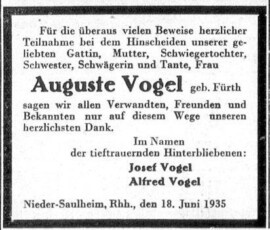 Josef Vogel Tod Auguste Fürth Niedersaulheim, Quelle Israelit Famblatt 19350620 Josef Vogel Tod Auguste Fürth Niedersaulheim, Quelle Israelit Famblatt 19350620